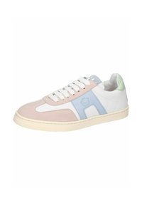 Sneaker con una tomaia in pelle bianca, punta in suede rosa, accenti azzurri e tallone verde menta. Presenta lacci bianchi e una suola testurizzata.