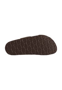 Semelle de sandale en caoutchouc marron foncé avec un motif en croisillons texturé pour l'adhérence. Le contour est arrondi à l'avant et effilé à l'arrière.