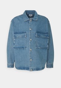 Blue denim jacket with long sleeves, button closure, collar, and two large front flap pockets.