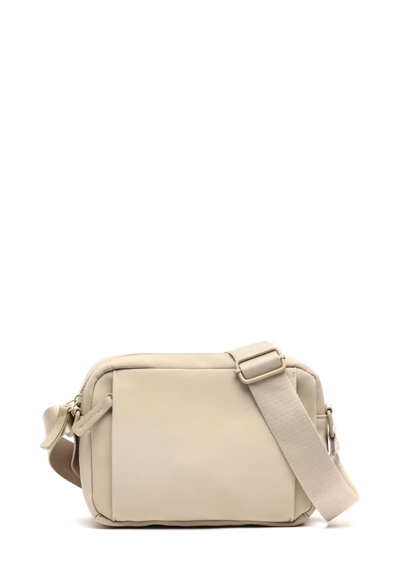 Borsa a spalla beige realizzata in materiale sintetico liscio, forma rettangolare, con tracolla regolabile e tasca frontale con zip per una chiusura sicura.