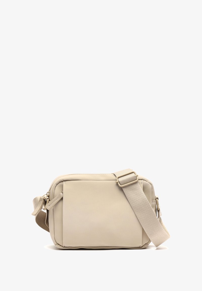 Borsa a spalla beige realizzata in materiale sintetico liscio, forma rettangolare, con tracolla regolabile e tasca frontale con zip per una chiusura sicura.