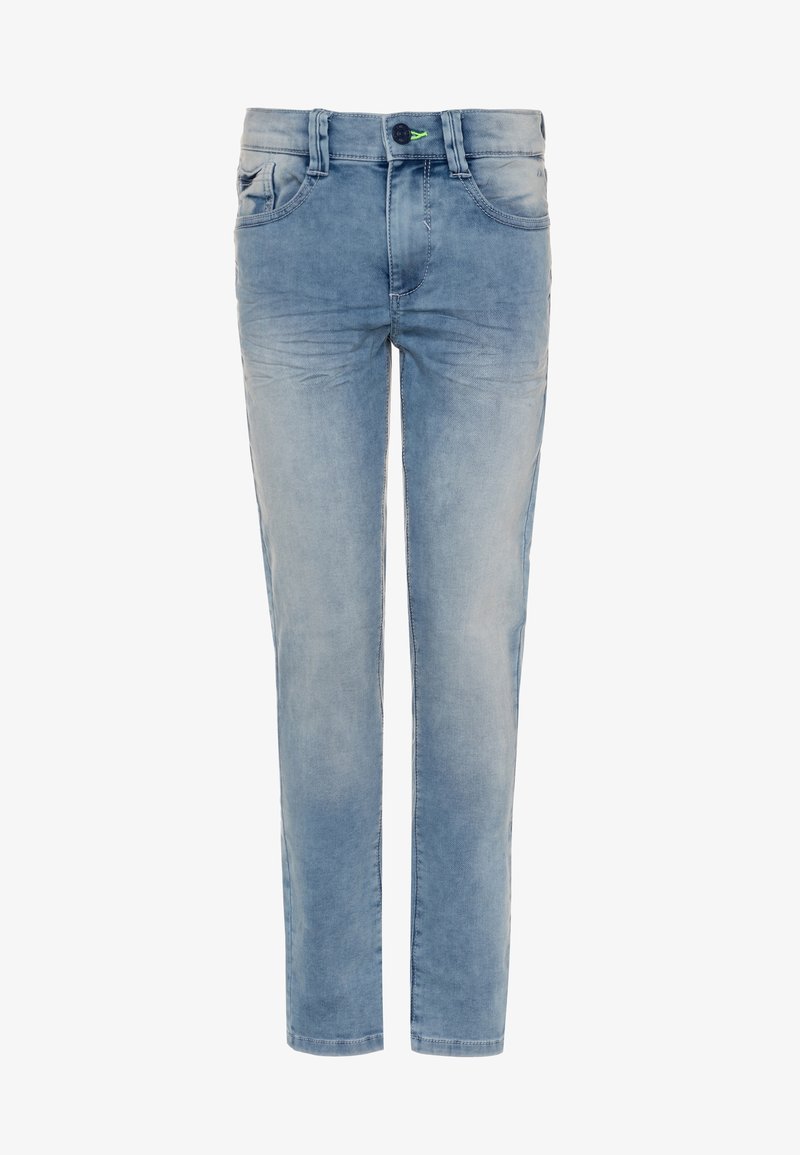 Jean slim bleu clair avec bouton devant et poches, présentant une légère décoloration aux cuisses et aux genoux, présenté sur fond blanc.