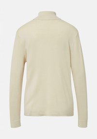 Beżowy sweter z długim rękawem i Golfem, wykonany z gładkiej dzianiny, pokazany z tyłu, z prążkowanym kołnierzem i mankietami.