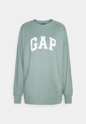 Lichtgroene sweater met lange mouwen, geribde manchetten en hals, met grote witte "GAP" letters op de borst.