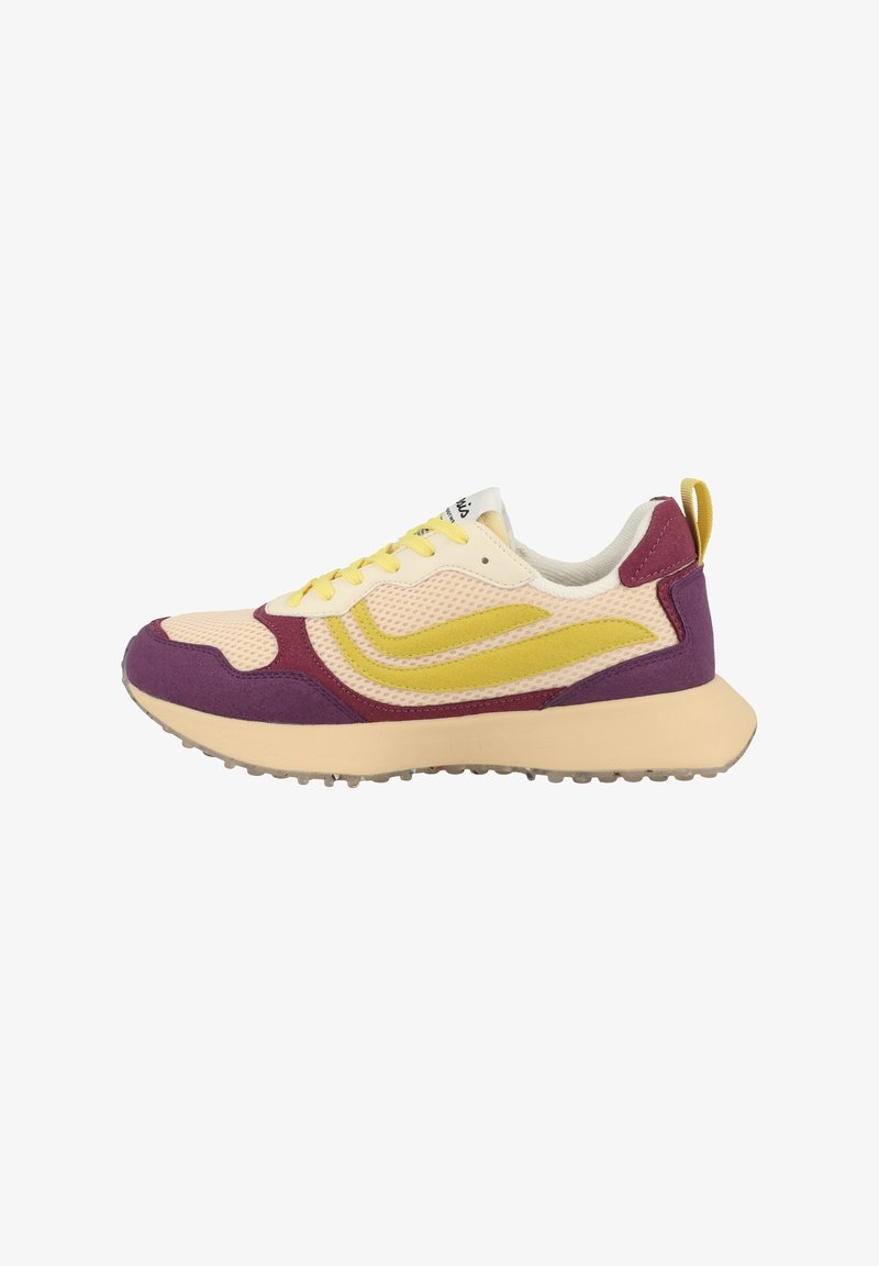 Sneakers med rand av mesh och mocka i blek gul, lila och burgund. Lätt sula med texturerad yttersula och hälflik.