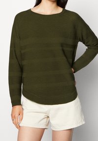 Maglione lavorato a maglia verde oliva con righe orizzontali, scollatura rotonda e maniche lunghe, abbinato a pantaloni corti di colore chiaro.