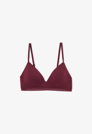 Marlboro red triangle bralette with adjustable straps, soft fabric, scalloped trim along the bottom, and a minimalistic design.