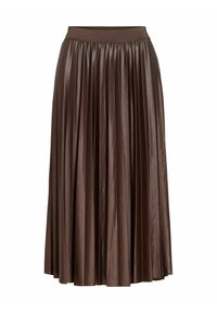 Rjava nagubana krilo iz sijoče, gladke tkanine s širokim elastičnim pasom. Gube segajo do roba, kar ustvarja tekočo silhueto.