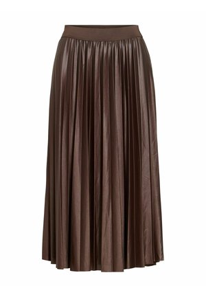 Brun plissert skjørt laget av et skinnende, glatt stoff med en bred elastisk midjebånd. Plissene strekker seg ned til kanten og skaper en flytende silhuett.