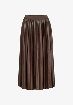 Brun plissert skjørt laget av et skinnende, glatt stoff med en bred elastisk midjebånd. Plissene strekker seg ned til kanten og skaper en flytende silhuett.