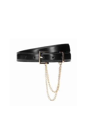 Black leather belt with gold rectangular buckle and two hanging gold chains, shown coiled against a white background.