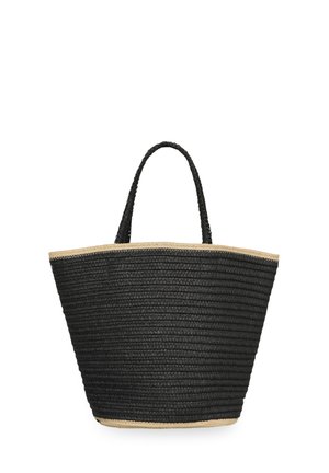 Sac cabas noir en tissu tissé avec bordure beige et une anse unique, forme trapézoïdale s'élargissant vers le haut, fond uni.