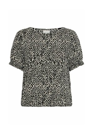 Īsām piedurknēm blūze melnbaltā ģeometriskā dimanta rakstā. Viegls audums ar brīvu piegriezumu un apaļu kakla izgriezumu.