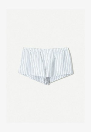 Witte shorts met blauwe strepen, elastische tailleband en een relaxte pasvorm. Beschikt over een knoopdetail aan de voorkant en een zachte stoftextuur.