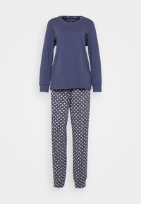 Mörkblå långärmad topp med rund halsringning och ribbade ärmslut, matchad med mönstrade pyjamasbyxor i krämfärgat och mörkblått, med stjärnmotiv.