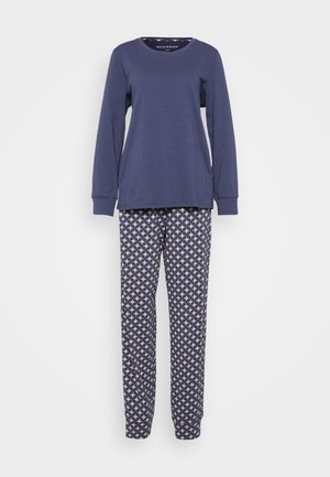 Navy long-sleeve top with a round neckline and ribbed cuffs, paired with patterned pajama pants in cream and navy, featuring star motifs.