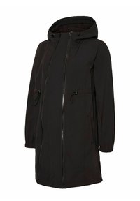 Must pikk kapuutsiga jakk, millel on tõmblukuga sulgemine, nööriga vöökoht ja elastsed varrukasuud. Valmistatud siledast kangast. Ilma nähtavate mustriteta.