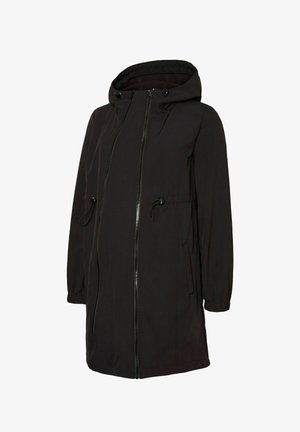 Veste longue noire avec capuche, équipée d'une fermeture à glissière, d'une taille à cordon de serrage et de poignets élastiques. Fabriquée en tissu lisse. Aucune motif visible.