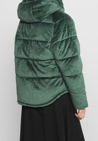 Grön sammetspuffjacka med huva, med kviltade sektioner och en böjd nederkant. Slät textur med en glansig yta.