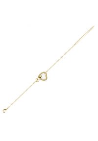 Bracciale in catena d'oro con un pezzo centrale a forma di cuore, dotato di un'inserto bianco e circondato da pietre trasparenti, che mostra un'accurata lavorazione.
