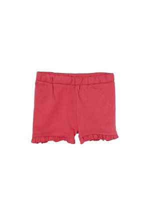 Shorts di cotone rossi con vita elastica arricciata e orlo a balze. Design semplice e colore uniforme, adatti per un abbigliamento casual.