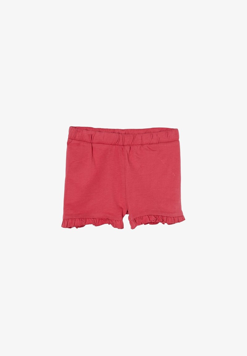 Shorts en coton rouge avec une taille élastique froncée et un ourlet volanté. Design simple et couleur unie, adaptés pour une tenue décontractée.