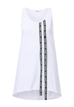 Weißes Tanktop mit rundem Halsausschnitt, mit schwarzen Seitenstreifen und dem Text "ANGEL". Aus weichem Stoff gefertigt und hat einen hohen und niedrigen Saum.