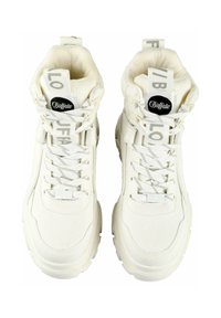 White high-top sneakers with a soft fabric upper, rubber sole, and grey logo accents. Features prominent lacing and back pull tab.