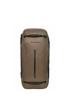 Sac à dos de voyage Vaude rectangulaire marron avec fermeture éclair frontale verticale et poignées noires en haut et en bas.