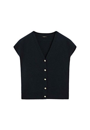 Schwarze ärmellose Strickjacke mit V-Ausschnitt und sechs silbernen Knöpfen vorne, flach auf einem weißen Hintergrund liegend.
