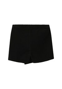 Shorts en velours côtelé noirs avec une texture lisse, dotés d'une large ceinture élastique et d'une coupe droite avec une légère fente sur les côtés.