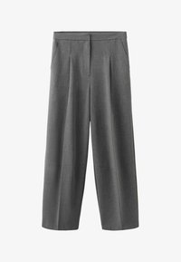 Pantalones anchos grises con pliegues delanteros, bolsillos laterales y cintura alta, fabricados con una tela de textura suave.