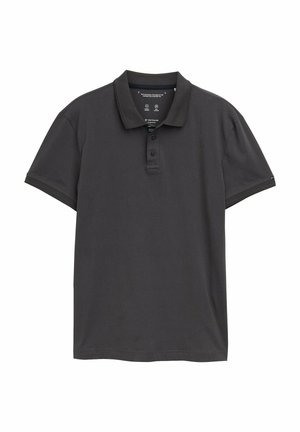 Cămașă polo gri închis, confecționată dintr-un material neted, având un guler clasic, o bandă cu trei nasturi și mâneci scurte. Fără motive sau logo-uri vizibile.