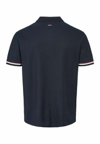 Navy blue short-sleeve polo shirt with ribbed collar, and white, red, and navy striped trim on sleeve cuffs and back collar.