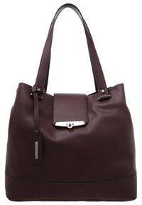 Burgundy leather tote bag with dual straps, front flap closure, silver hardware, and smooth texture. Features a subtle branding tag.