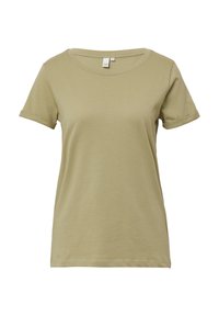 Olijfgroen t-shirt met korte mouwen van zachte katoen. Heeft een ronde halslijn en opgerolde mouwboorden. Eenvoudig, strakke ontwerp.