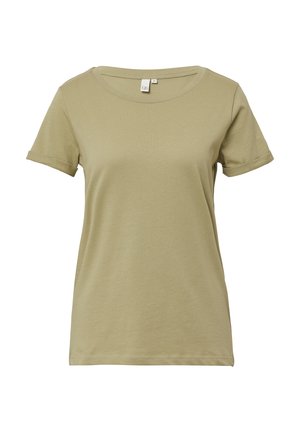 Olivgrünes T-Shirt mit kurzen Ärmeln aus weicher Baumwolle. Mit einem runden Ausschnitt und hochgekrempelten Ärmeln. Einfaches, elegantes Design.