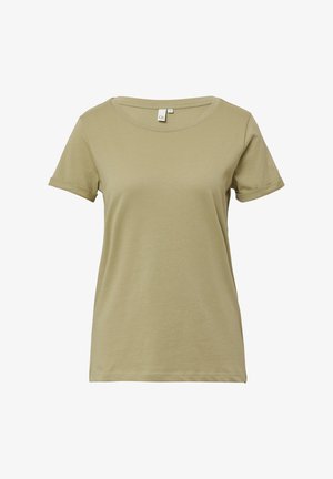 T-shirt olive en coton doux à manches courtes. Il présente un col rond et des poignets de manches retroussés. Design simple et élégant.