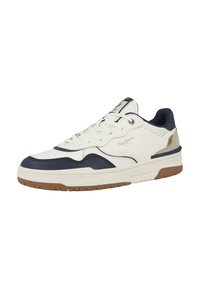 Sneaker bianca con accenti blu navy e beige, pelle texturizzata, dettagli perforati, design con lacci e suola in gomma. Presenta decorazioni con il logo.