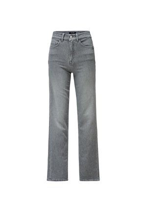 Szare jeansy o prostych nogawkach z wysokim stanem, z zapięciem na guzik i suwak z przodu, szlufkami na pasek oraz pięcioma kieszeniami.