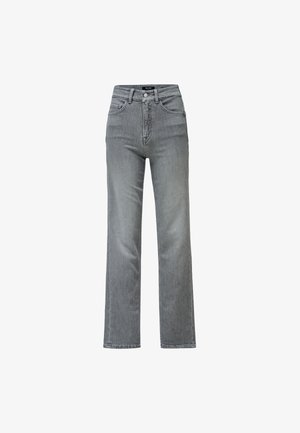 Jeans en denim gris taille haute, coupe droite, avec fermeture avant par boutons et zip, passants pour ceinture et design à cinq poches.