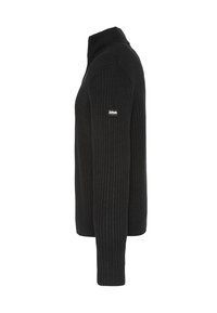 Maglione nero a maglia con collo alto, trama a coste e maniche lunghe. Presenta un piccolo logo sulla manica sinistra.