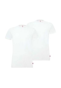 Paquete de dos camisetas blancas lisas. Diseño de manga corta y cuello redondo, fabricadas en algodón. Etiqueta de logo roja colocada en la parte inferior izquierda.