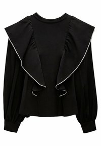 Černá blůza s nařaseným límcem se stříbrným lemem, dlouhými nafouknutými rukávy a volným střihem. Měkká látka s hladkým povrchem.