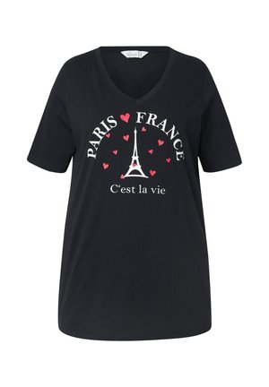 Zwarte katoenen V-hals t-shirt met witte tekst "PARIJS FRANKRIJK" en "C'est la vie" met een roze Eiffeltoren ontwerp omringd door harten.