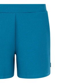 Trumpi, tekstūruoti mėlyni šortai su lygiu liemeniu ir subtiliu tinklelio raštu. Yra nedidelis logotipas šone.