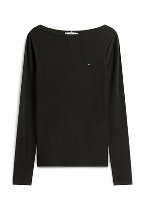 Musta pitkähihaisen paita, joka on valmistettu ribbatusta kankaasta. Kalvossa on leveä kaula-aukko, slim fit -tyyli ja pieni brodeerattu logo rinnassa.