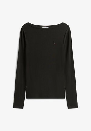 Musta pitkähihaisen paita, joka on valmistettu ribbatusta kankaasta. Kalvossa on leveä kaula-aukko, slim fit -tyyli ja pieni brodeerattu logo rinnassa.