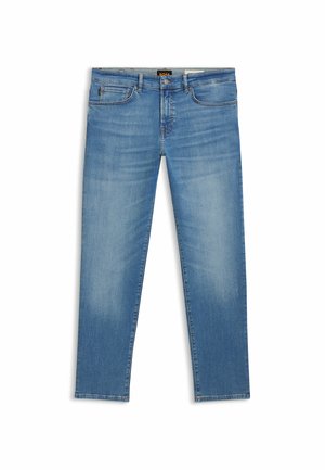 Lysblå denimjeans med et klassisk fem-lomme design, let falmet tekstur og lige ben. Har lynlås og bæltestropper.