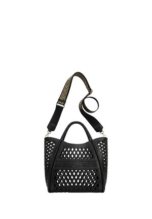 Borsa tote nera con motivo a griglia, due manici corti e tracolla nera e oro con motivo staccabile.